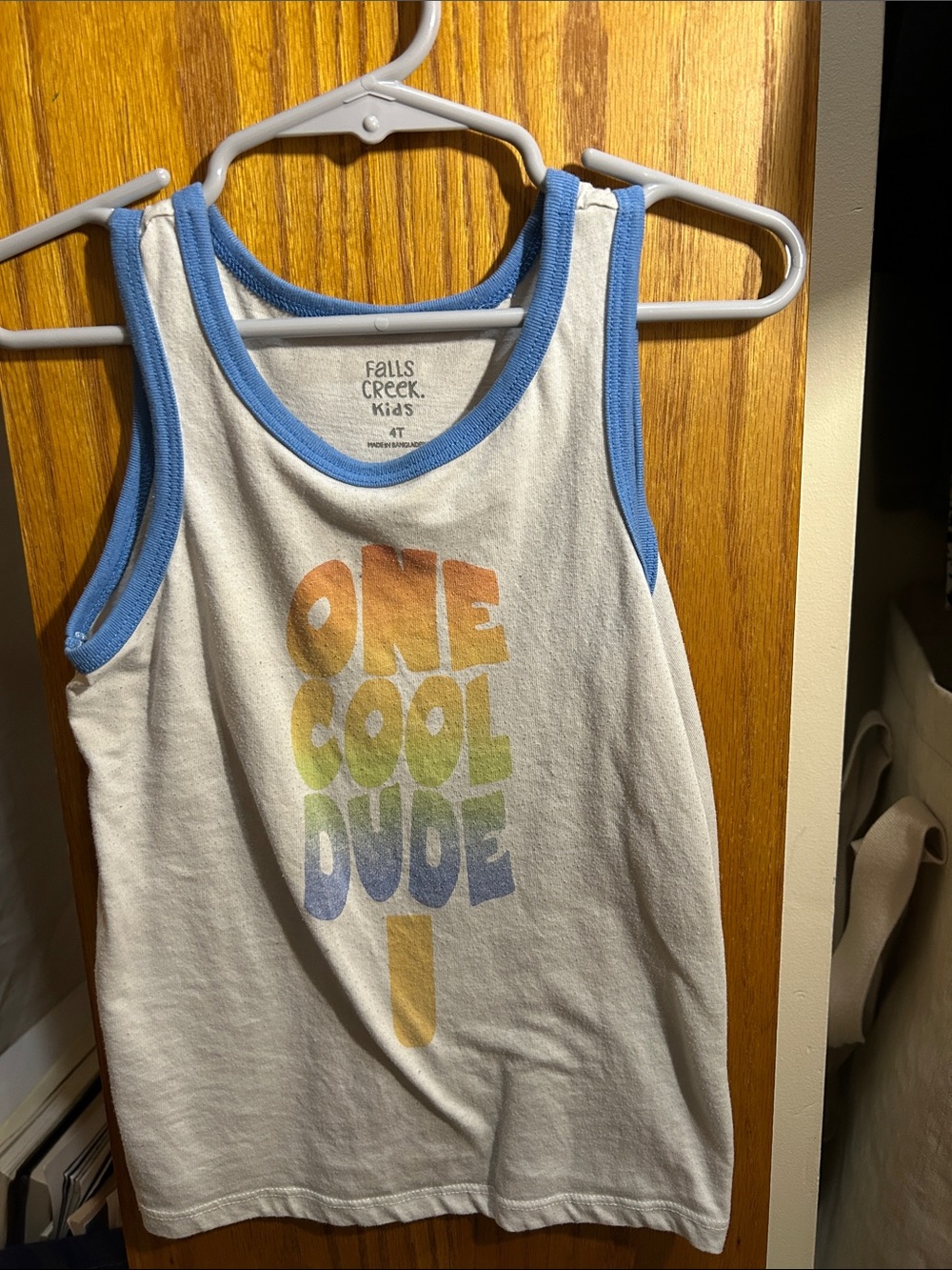 Falls Creek White Tank Top with Blue Trim and Rainbow Graphic